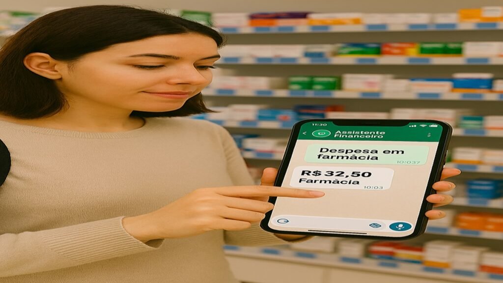 Pessoa em farmácia consulta aplicativo de assistente financeiro com registro de despesa de R$32,50