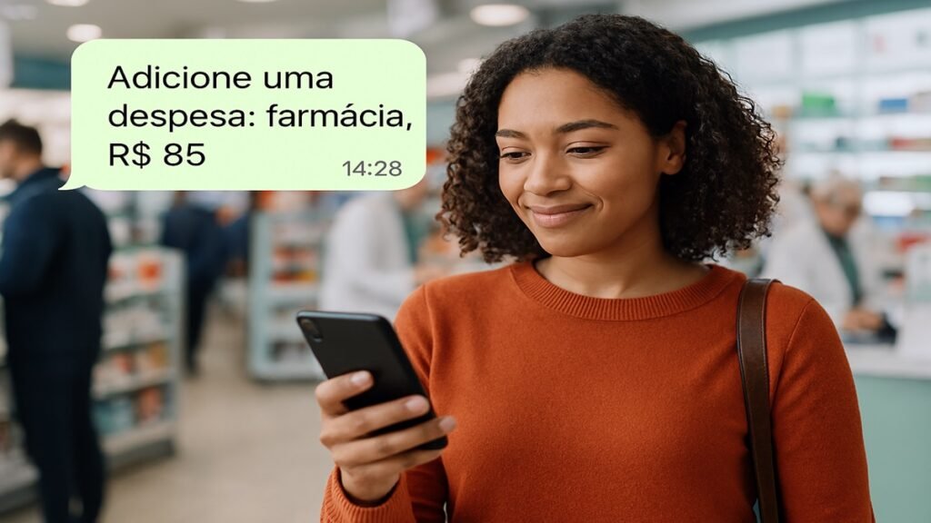 Mulher sorridente em farmácia registra despesa de R$85 via assistente financeiro no celular