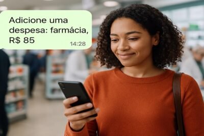 Mulher sorridente em farmácia registra despesa de R$85 via assistente financeiro no celular