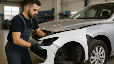 Mecânico instalando um novo paralama branco em um carro prata dentro de uma oficina, representando o processo de substituição de lataria automotiva.