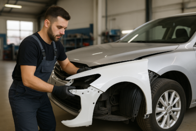 Mecânico instalando um novo paralama branco em um carro prata dentro de uma oficina, representando o processo de substituição de lataria automotiva.