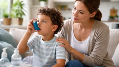 Mãe ajudando criança a usar inalador para asma infantil, representando cuidados respiratórios e prevenção de crises asmáticas na infância.