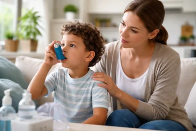Mãe ajudando criança a usar inalador para asma infantil, representando cuidados respiratórios e prevenção de crises asmáticas na infância.